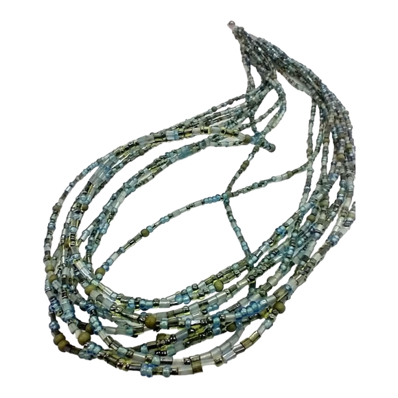 Green & Blue Multi 10 Strand Seed Bead 9" Costume Necklace - Picture 1 of 8